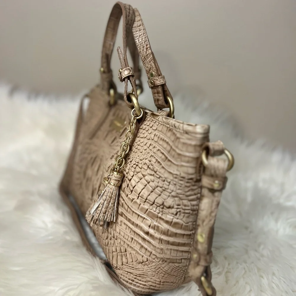 Brahmin Crocodile-Embossed Cream Satchel